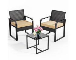 Xbro 3-delige Rotan Tuinset – 2 Stoelen & Bijzettafel – Balkonset met Zitkussens – Weerbestendig Diningset & Lounge Tuinmeubel – Voor Tuin, Terras, Veranda, Balkon & Zwembad– Geel