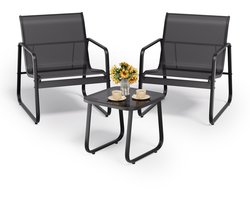 Xbro 3-delige stoel loungeset – ademende Textilene stof met gehard glazen tafel – bistroset voor tuin, balkon en terras – ca. 61×73×76 cm – zwart