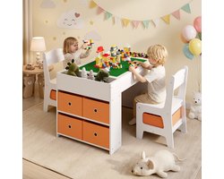 Xbro 4-in-1 Kindertafel met 2 stoelen, Kinder tafel met Schoolbord en Whiteboard, Speeltafel voor Kinderen met bouwblokken, met 10 stoffen opbergboxen, activiteitentafel voor kinderen vanaf 3 jaar, 87 × 50 × 50 cm, Wit