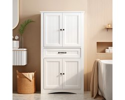 Xbro Badkamerkast hoge opbergkast – wit – met 4 deuren, 1 lade & verstelbare planken – kolomkast badkamer – 132x73x31 cm