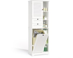 Xbro Badkamerkast met Deur, 2 Laden, Wasmand en Open Vakken – Hoge Opbergkast met Verstelbare Planken – Smalle Kast voor Badkamer, Slaapkamer of Wasruimte – 170 x 37 x 60 cm – Wit