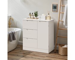 Xbro Badkamerkast, Smalle Opbergkast met 3 Laden en 1 Deuren, Vrijstaande Kast met 2 Plank, Waterbestendig MDF, 80 x 35 x 76 cm, Wit