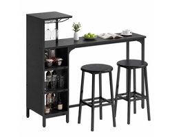 Xbro Bartafel met 2 Barkrukken – Industriële Bartafelset met Uittrekbare Planken en Glashouder – Bistrotafel voor Keuken, Woonkamer en Eetkamer,Zwart