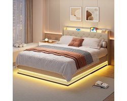 Xbro Bed 140 x 200 cm – Gestoffeerd Bedframe met LED/USB Hoofdbord – Tweepersoonsbed met Opbergruimte – Beige