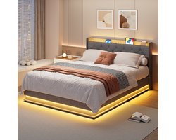 Xbro Bed 140 x 200 cm – Gestoffeerd Bedframe met LED/USB Hoofdbord – Tweepersoonsbed met Opbergruimte – Donkergrijs