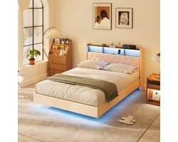 Xbro Bed 140 x 200 cm met LED-verlichting en USB-oplaadpoort, Tweepersoonsbed met Lattenbodem, Gestoffeerd bed met Hoofdbord en Opbergruimte，Beige