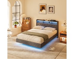 Xbro Bed 140 x 200 cm met LED-verlichting en USB-oplaadpoort,Tweepersoonsbed met Lattenbodem,Gestoffeerd bed met Hoofdbord en Opbergruimte,Donkergrijs