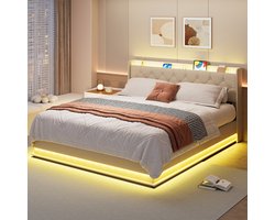 Xbro Bed 160 x 200 cm – Gestoffeerd Bedframe met LED/USB Hoofdbord – Tweepersoonsbed met Opbergruimte – Beige