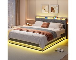 Xbro Bed 160 x 200 cm – Gestoffeerd Bedframe met LED/USB Hoofdbord – Tweepersoonsbed met Opbergruimte – Donkergrijs