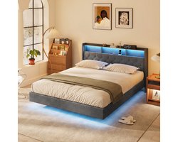 Xbro Bed 160 x 200 cm met LED-verlichting en USB-oplaadpoort, Tweepersoonsbed met Lattenbodem, Gestoffeerd bed met Hoofdbord en Opbergruimte，Donkergrijs