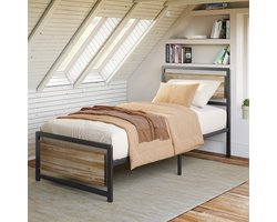 Xbro Bed 90 x 200 cm met Hoofdbord en Metalen Lattenbodem, Eenpersoonsbed met 35 cm Opbergruimte, Gemakkelijk te Monteren