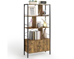 Xbro Boekenkast – Industrieel met 4 Open Planken & Opbergkast met Deuren – Vintage Hout & Zwart Metaal – Boekenrek voor Woonkamer, Slaapkamer of Kantoor – 30×74×153 cm – Retro