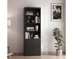 Xbro Boekenkast met 4 Open Vakken en 2 Laden, Opbergkast met Glad Oppervlak en Ingebouwde Handgrepen voor Woonkamer en Slaapkamer, 60 x 34 x 180 cm, Zwart