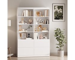 Xbro Boekenkast met 8 Open Vakken en 4 Laden, Opbergkast met Glad Oppervlak en Ingebouwde Handgrepen voor Woonkamer en Slaapkamer, 120 x 35 x 180 cm, Wit