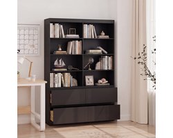 Xbro Boekenkast met 8 Open Vakken en 4 Laden, Opbergkast met Glad Oppervlak en Ingebouwde Handgrepen voor Woonkamer en Slaapkamer, 120 x 35 x 180 cm, Zwart