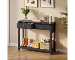 Xbro Consoletafel, Haltafel met 2 Lades en Opbergplank, Sidetable met EU-Stopcontact en USB,Zwart