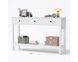Xbro Consoletafel, Haltafel met 3 Lades en Opbergplank, Sidetable met EU-Stopcontact en USB,Wit