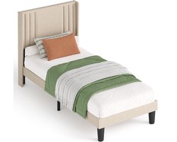 Xbro Eenpersoonsbed – 90x200 cm – Platform Bedframe met Houten Latten – Minimalistisch & Stevig – Beige – Geen Boxspring Nodig