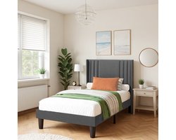 Xbro Eenpersoonsbed met Gestoffeerd Hoofdbord – 90x200 cm – Platform Bedframe met Houten Latten – Modern & Stevig – Donkergrijs – Geen Boxspring Nodig