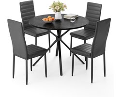 Xbro Eetkamerset met 4 Eetkamerstoelen, Eettafel en Stoelen van leer, geschikt voor 4 personen, Moderne Eetkamer Stoelen Set met ronde tafel, voor woonkamer, eetkamer en kantoor, Zwart