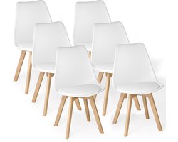 Xbro Eetkamerstoel Set van 6 - Kuipstoel met Houten Poten - Eettafelstoel - Keukenstoelen set 6 met Schuimzitting - Wit