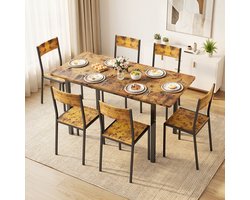 Xbro Eettafel en Stoelen voor 6 Personen，Eettafel met Uitschuifbaar tafelblad，Eetkamerset met 6 Eetkamerstoelen ，140 x 70 x 77 cm，Retro