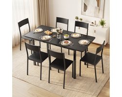 Xbro Eettafel en Stoelen voor 6 Personen，Eettafel met Uitschuifbaar tafelblad，Eetkamerset met 6 Eetkamerstoelen ，140 x 70 x 77 cm，Zwart