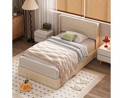 Xbro Gestoffeerd Bed 120 x 200 cm - Hydraulisch Bedframe met grote opbergruimte - Tweepersoonsbed met Hoofdbord en Lattenbodem - Bedframe geschikt voor tieners en volwassenen - Beige