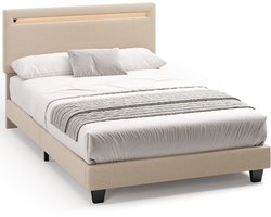 Xbro Gestoffeerd Bed 120 x 200 cm – met Bedhoofdbord LED-Verlichting – Tweepersoonsbed met Hoofdbord en Lattenbodem – Beige