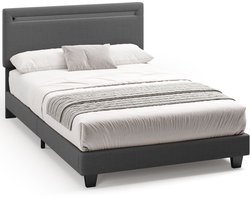 Xbro Gestoffeerd Bed 120 x 200 cm – met Bedhoofdbord LED-Verlichting – Tweepersoonsbed met Hoofdbord en Lattenbodem – Grijs