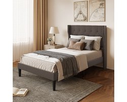 Xbro Gestoffeerd Bed 120 x 200 cm met Hoofdbord en Lattenbodem, Small Tweepersoonsbed met 20 cm Opbergruimte, Gemakkelijk te Monteren