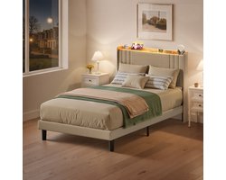 Xbro Gestoffeerd Bed 120 x 200 cm – met LED-Verlichting & USB/Type-C Oplaadpoort – Tweepersoonsbed met Hoofdbord en Lattenbodem – Beige