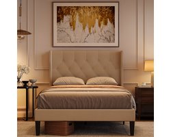 Xbro Gestoffeerd Bed 120 x 200 cm – Small Tweepersoonsbed met Hoofdbord en Lattenbodem – 20 cm Opbergruimte – Eenvoudige Montage