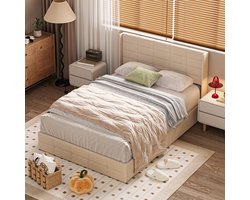 Xbro Gestoffeerd Bed 140 x 200 cm - Hydraulisch Bedframe met grote opbergruimte - Tweepersoonsbed met Hoofdbord en Lattenbodem - Bedframe geschikt voor tieners en volwassenen - Beige