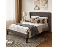 Xbro Gestoffeerd Bed 140 x 200 cm met Hoofdbord en Lattenbodem, Tweepersoonsbed met 20 cm Opbergruimte, Gemakkelijk te Monteren,Beige