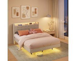 Xbro Gestoffeerd Bed 140 x 200 cm met LED-verlichting en USB,Tweepersoonsbed met Lattenbodem,Hoofdbord en Opberghoofdbord,Beige