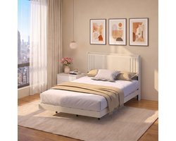 Xbro Gestoffeerd Bed 140 x 200 cm met LED-verlichting en USB,Tweepersoonsbed met Lattenbodem,Hoofdbord en Opbergruimte,Beige