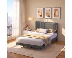 Xbro Gestoffeerd Bed 140 x 200 cm met LED-verlichting en USB,Tweepersoonsbed met Lattenbodem,Hoofdbord en Opbergruimte,Donkergrijs