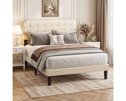 Xbro Gestoffeerd Bed 140 x 200 cm met Verstelbaar Hoofdbord en Lattenbodem, Tweepersoonsbed met 20 cm Opbergruimte, Eenvoudige Montage,Beige