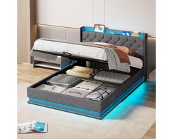 Xbro Gestoffeerd Bed 140 x 200 cm - Tweepersoonsbed met LED/USB Hoofdbord - Hydraulisch Opbergbed met grote opbergruimte - Bedframe geschikt voor tieners en volwassenen - Donkergrijs