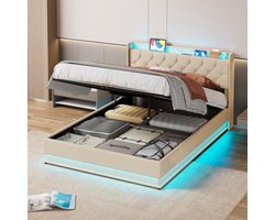 Xbro Gestoffeerd Bed 140 x 200 cm - Tweepersoonsbed met LED/USB Hoofdbord - Hydraulisch Opbergbed met grote opbergruimte - Bedframe geschikt voor tieners en volwassenen - Beige