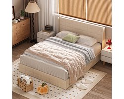 Xbro Gestoffeerd Bed 160 x 200 cm - Hydraulisch Bedframe met grote opbergruimte - Tweepersoonsbed met Hoofdbord en Lattenbodem - Bedframe geschikt voor tieners en volwassenen - Beige