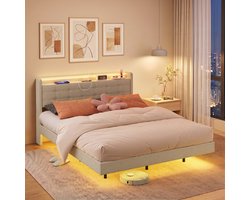 Xbro Gestoffeerd Bed 160 x 200 cm met LED-verlichting en USB,Tweepersoonsbed met Lattenbodem,Hoofdbord en Opberghoofdbord,Beige