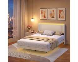 Xbro Gestoffeerd Bed 160 x 200 cm met LED-verlichting en USB,Tweepersoonsbed met Lattenbodem,Hoofdbord en Opbergruimte,Beige