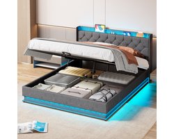 Xbro Gestoffeerd Bed 160 x 200 cm - Tweepersoonsbed met LED/USB Hoofdbord - Hydraulisch Opbergbed met grote opbergruimte - Bedframe geschikt voor tieners en volwassenen - Donkergrijs