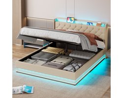 Xbro Gestoffeerd Bed 160 x 200 cm - Tweepersoonsbed met LED/USB Hoofdbord - Hydraulisch Opbergbed met grote opbergruimte - Bedframe geschikt voor tieners en volwassenen - Beige