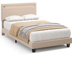 Xbro Gestoffeerd Bed 90 x 200 cm – met Bedhoofdbord LED-Verlichting – Eenpersoonsbed met Hoofdbord en Lattenbodem – Beige