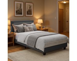 Xbro Gestoffeerd Bed 90 x 200 cm – met Bedhoofdbord LED-Verlichting – Eenpersoonsbed met Hoofdbord en Lattenbodem – Grijs