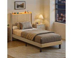 Xbro Gestoffeerd Bed 90 x 200 cm – met Bedhoofdbord met Opbergruimte & USB/Type-C Oplaadpoort – Eenpersoonsbed met Hoofdbord en Lattenbodem – Beige