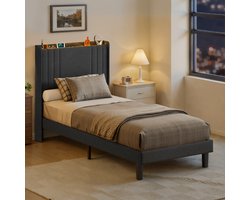 Xbro Gestoffeerd Bed 90 x 200 cm – met Bedhoofdbord met Opbergruimte & USB/Type-C Oplaadpoort – Eenpersoonsbed met Hoofdbord en Lattenbodem – Grijs